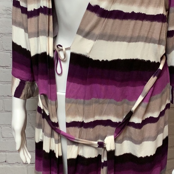 Josie By Natori Purple Tan White Striped Short Wrap Stretch Robe Sz M - Picture 7 of 12